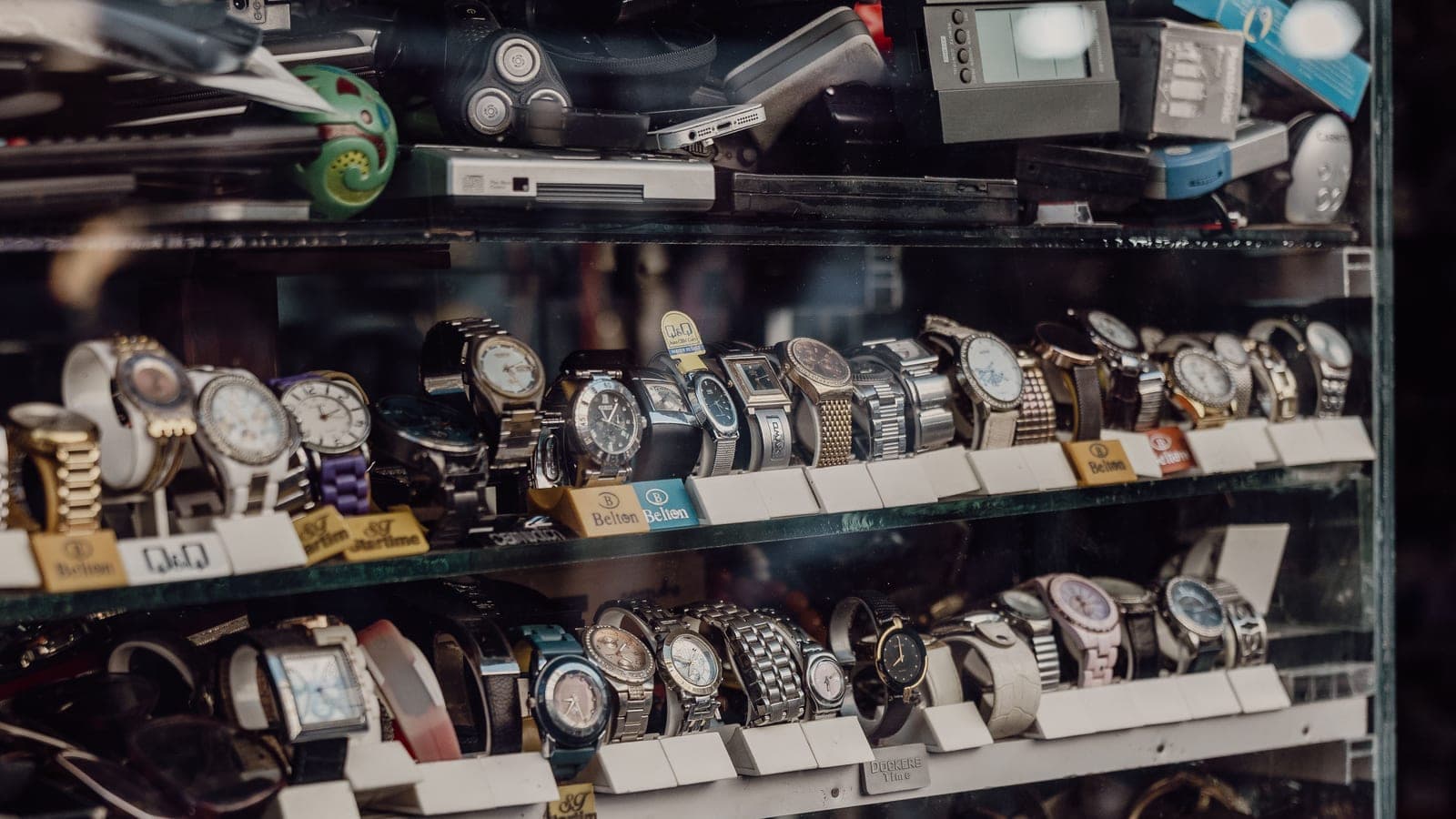 Wristwatches displayed in a shop case